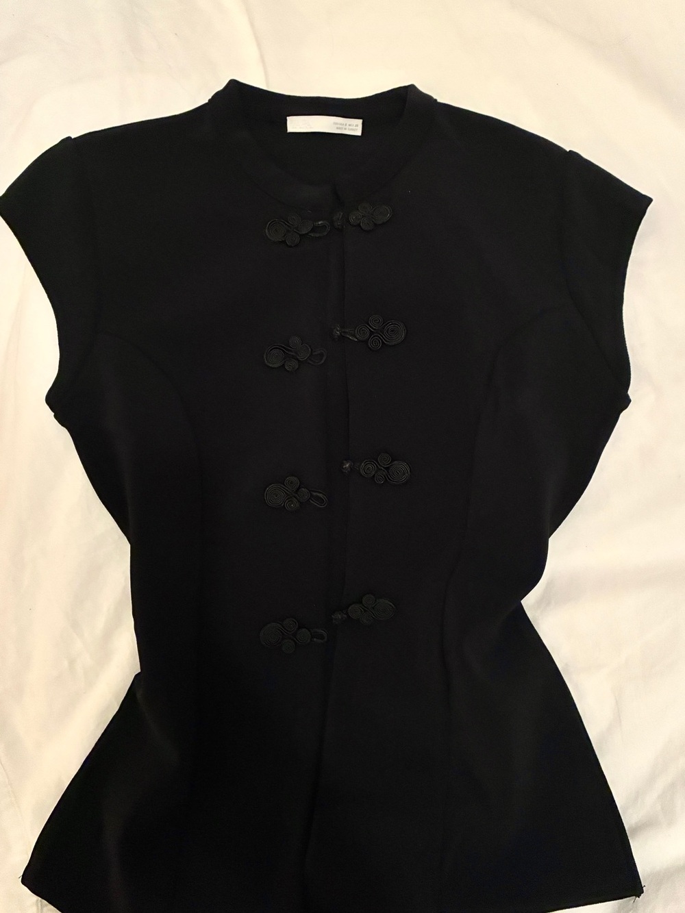 Black Cap-Sleeve Mandarin Collar Dress with Frog Closures